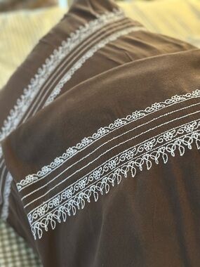 West Elm Embroidered Brown Pillow Sham Pair with White Stitching Trim